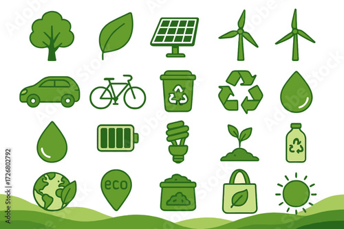 Eco-friendly world icons set – green planet, sustainability, clean energy, simple line style