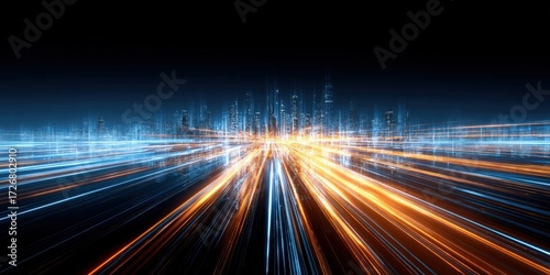Futuristic Abstract Background with Speeding Light Trails in Blue and Gold, Representing Innovation and Technological Advancement