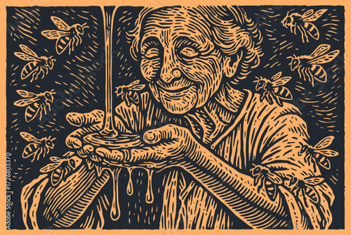 A happy old woman, a beekeeper or nature spirit, holds sweet honey surrounded by bees. A vintage, woodcut vector illustration.