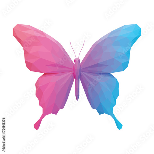 A low-poly geometric butterfly with vibrant pink and blue gradient wings isolated on a white background.
