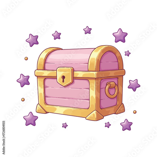 A whimsical cartoon illustration of a magical pink and gold treasure chest surrounded by sparkling purple stars.