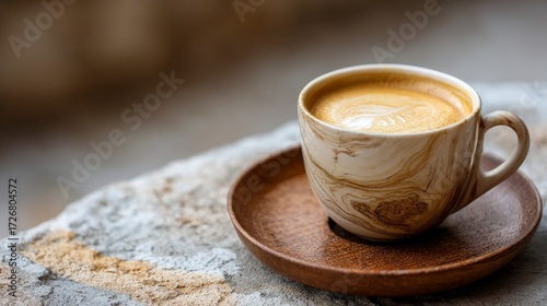 Warm caramelcolored latte with delicate foam art in a marbled stoneware mug on a wooden saucer under soft golden light, cozy blurred background, copy space for text