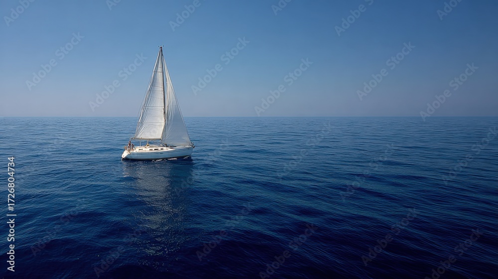 Obraz premium Sailboat Gliding on Deep Blue Ocean Waters Under a Clear Azure Sky on a Sunny Day