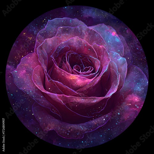 Glowing neon rose with cosmic galaxy tones, no text