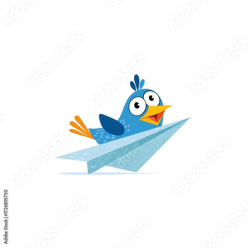 Bird inside a paper airplane pretending to fly, silly cartoon logo, white background, no text
