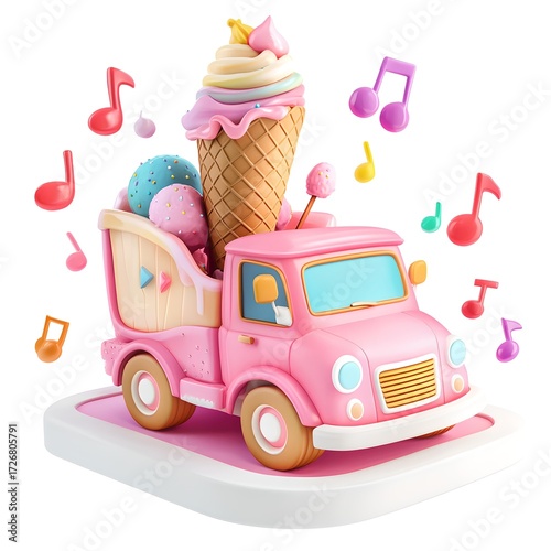 Cartoon ice cream truck with a giant cone on the roof and cheerful music notes