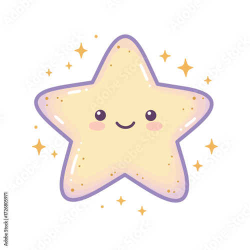 A cute kawaii star character with a smiling face and rosy cheeks, surrounded by golden sparkles on a white background.