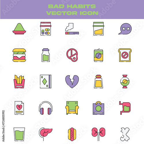 Bad Habits Vector Icon Set – Unhealthy Lifestyle, Addiction, and Risky Behaviors