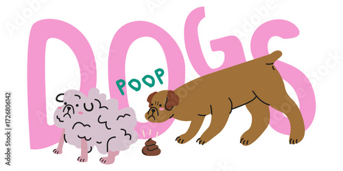 Cute cartoon dogs character in various poses and different breeds. Funny domestic animals with charming playful expression. Pooping dog vector illustration