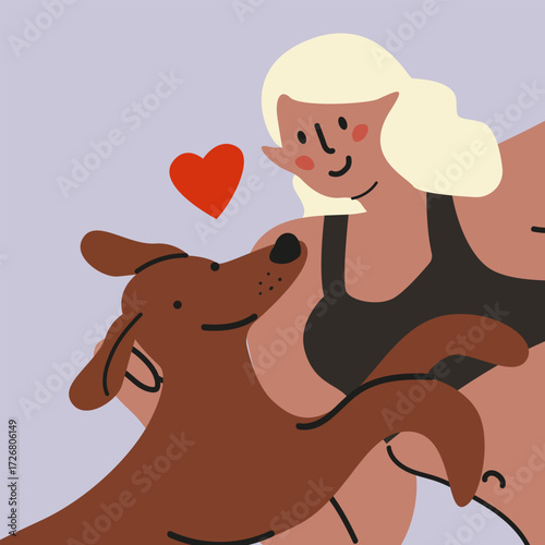 Girl with her dog. Happy domestic animal owners. Pets lover cartoon card. Flat vector illustration