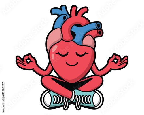 Cartoon heart meditating isolated on white background