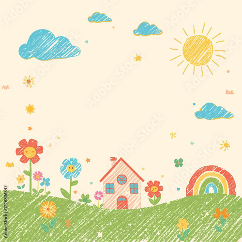 Whimsical drawing of a colorful house, flowers, clouds, sun, and rainbow. Perfect for childrens book illustrations or fun design projects.