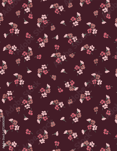 Abstract solid vector textile design, arrangement with tiny cherry flowers, all-over seamless pattern with pink and magenta tone color illustration, digital image printing factory