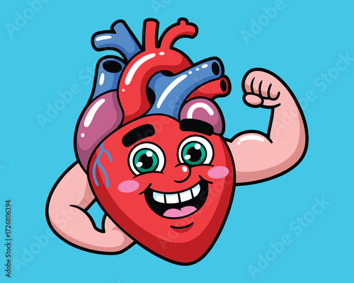 Cartoon heart flexing its bicep muscle
