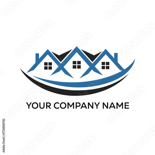 Blue and Black Tri-House Real Estate Logo - Residential Property Design
