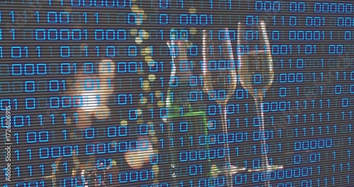 Champagne bottle and flutes receiving binary overlay, scanner sweeping down creating matrix effect