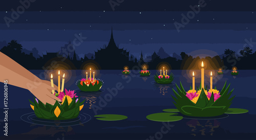 This flat design illustration captures the serene beauty of the Loi Krathong festival, showing hands gently placing traditional floral krathongs onto the water under a night sky.