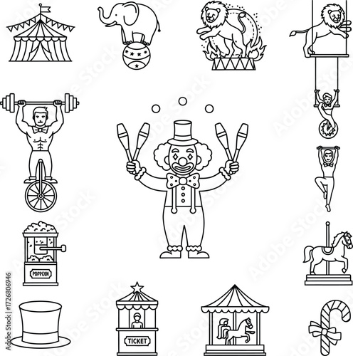 Circus and Carnival Vector Icons: Performers, Animals, and Attractions