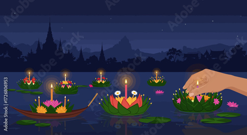 This flat design illustration captures the serene beauty of the Loi Krathong festival, showing hands gently placing traditional floral krathongs onto the water under a night sky.