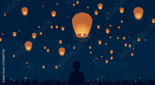 A vibrant flat design illustration depicting numerous sky lanterns (Khom Loi) ascending into the dark night sky, symbolizing hope and good fortune during a traditional festival. 