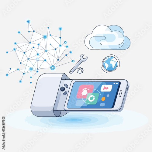 Digital Ecosystem Concept Smartphone with data network, cloud services, and global connectivity, illustrating modern mobile technology and device integration