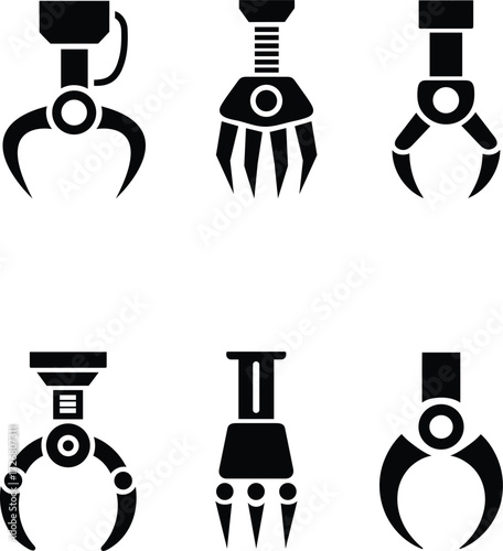 Collection of robotic claw icons for industrial automation concept design
