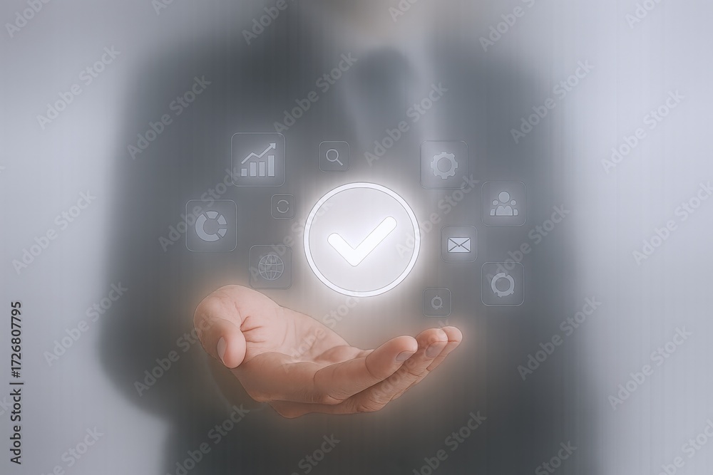 Fototapeta premium Hand Presenting a Checkmark Surrounded by Data Icons, Symbolizing Approval and Successful Task Completion