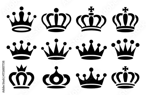 Collection of Twelve Black Silhouette Crown Icons on White Background