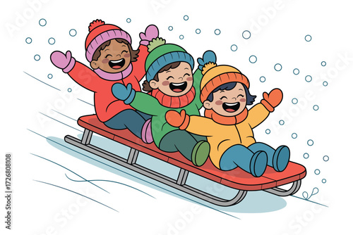 Three happy children laughing and sledding down a snowy hill