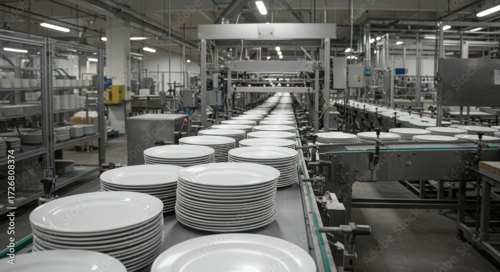 Obraz premium White Plates on Conveyor Belt – Ceramic Tableware Production in Factory 