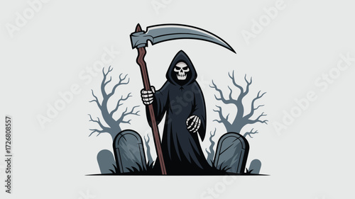 Grim reaper standing in a graveyard with tombstones and bare trees
