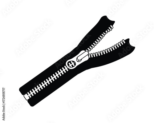 Black zipper partially open on a white background