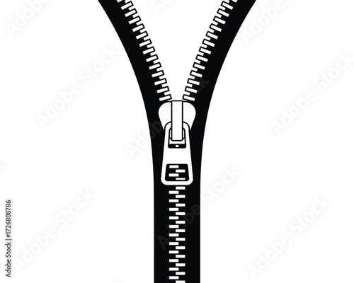 Close up of a black zipper partially open on a white background