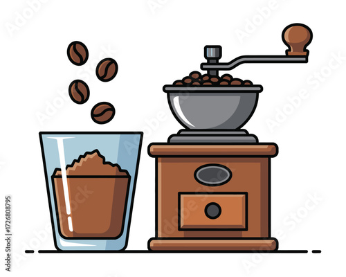 Vintage coffee grinder with freshly ground coffee beans and glass
