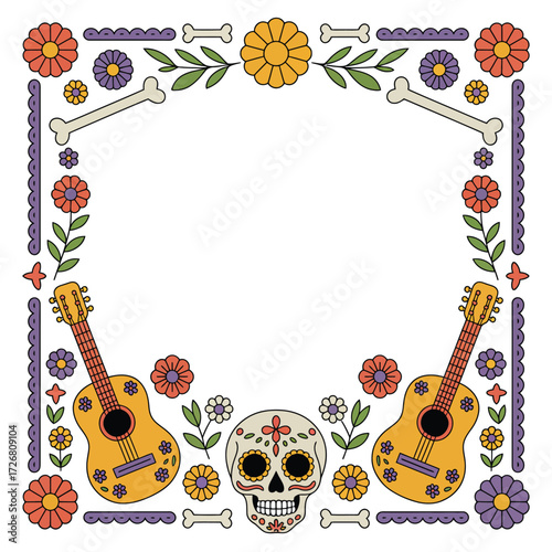 Decorative day of the dead frame with skull guitars and flowers