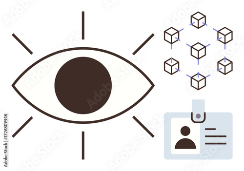Large eye symbol observes interconnected blockchain cubes alongside an ID badge. Ideal for security, data privacy, identification, blockchain technology, authentication, surveillance, simple flat
