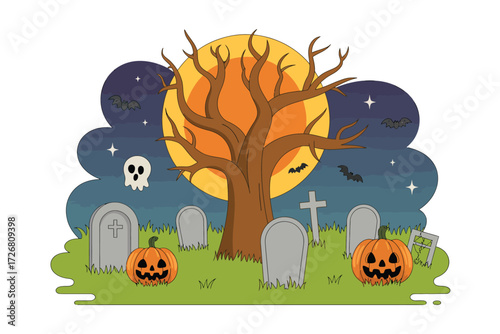 Spooky halloween graveyard scene with full moon and jack o lanterns