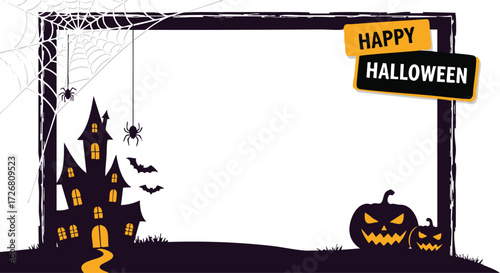 Halloween frame with haunted house, pumpkins, spider web isolated on white background