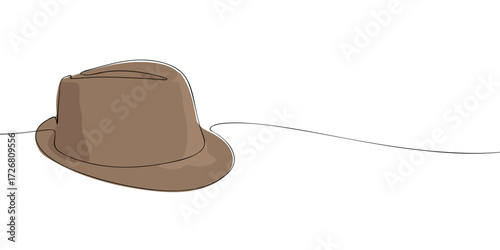 Minimal one line drawing of brown fedora hat with brim. Simple fashion accessory illustration for apparel, clothing design, poster, banner, greeting card, and print.