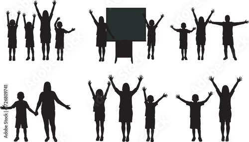 Classroom silhouette set, children raising hands, teacher figure, blackboard scene, educational posture, learning moment, school interaction, vector art, teaching concept, group pose