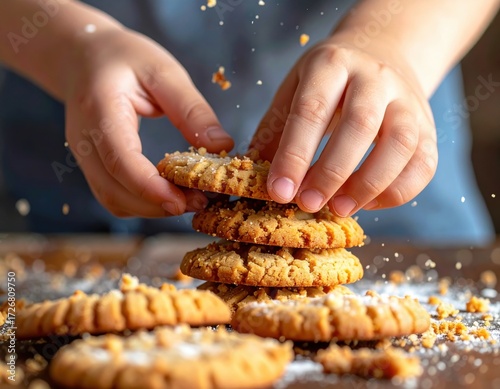 Child's hands stacking peanut butter cookies, a sweet treat.