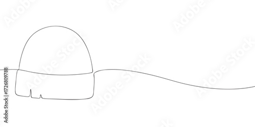 Minimal one line drawing of a winter beanie hat with wide cuff. Simple fashion accessory illustration for apparel, clothing design, poster, banner, greeting card, and print.