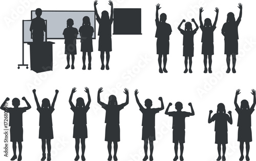Classroom silhouette set, children raising hands, teacher figure, blackboard scene, educational posture, learning moment, school interaction, vector art, teaching concept, group pose