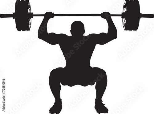 Silhouette of a bodybuilder performing a barbell squat with large weights weightlifting