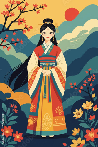 Elegant East Asian woman in traditional vibrant kimono stands serenely against a backdrop of stylized mountains and blooming flora