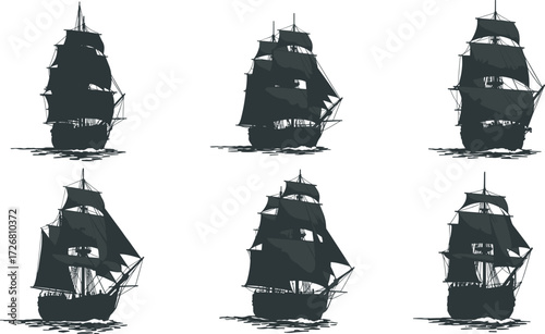 Vintage sailing ship silhouette set, nautical vessel, maritime history, ocean reflection, black vector art, tall masts, classic sailboat, sea transport, antique design
