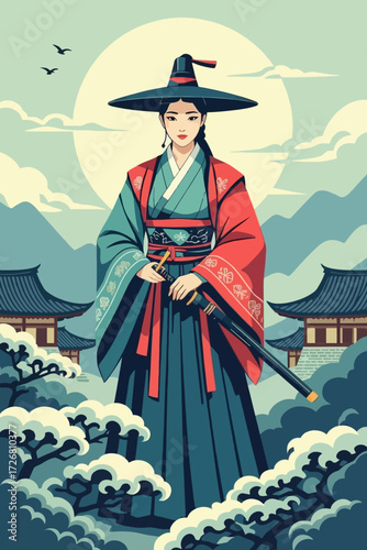 Graceful Korean warrior woman in traditional attire stands ready with a sword amidst serene mountainous landscapes and ancient architecture under a bright sun.