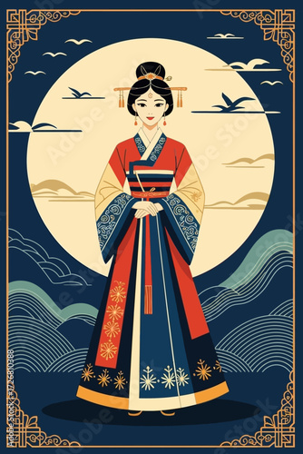Elegant East Asian woman in traditional vibrant attire stands serenely against a serene moonlit landscape with artistic flair
