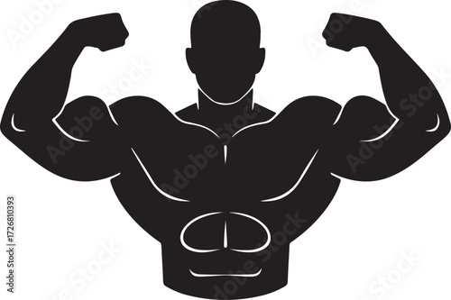 Silhouette of a Muscular Bodybuilder Flexing Biceps and Chest Muscles Isolated on a White Background Keywords: bodybuilder, silhouette, muscle, fitness, strength, gym, workout, exercise, man, male