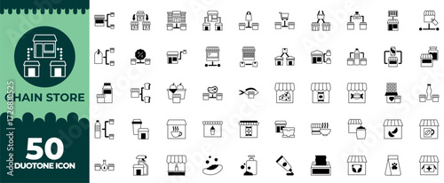 Chain Store Line Icon Set – Retail, Franchise, Outlet, Supermarket, Business Commerce Illustrations
